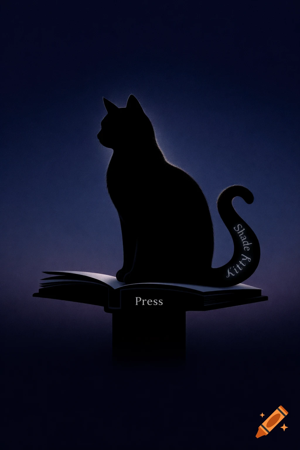 A black cat silhouette with "Shade Kitty" on its S-shaped tail, sitting on an open book with "Press" written on it, against a dark blue background.