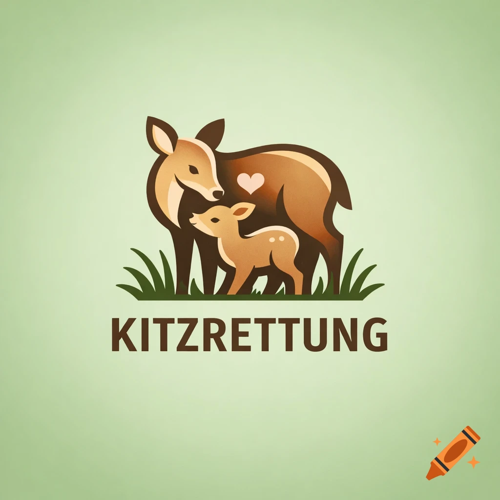 A stylized logo of a brown mother deer and fawn standing in green grass, with a light pink heart on the mother deer, and the text "KITZRETTUNG" below.