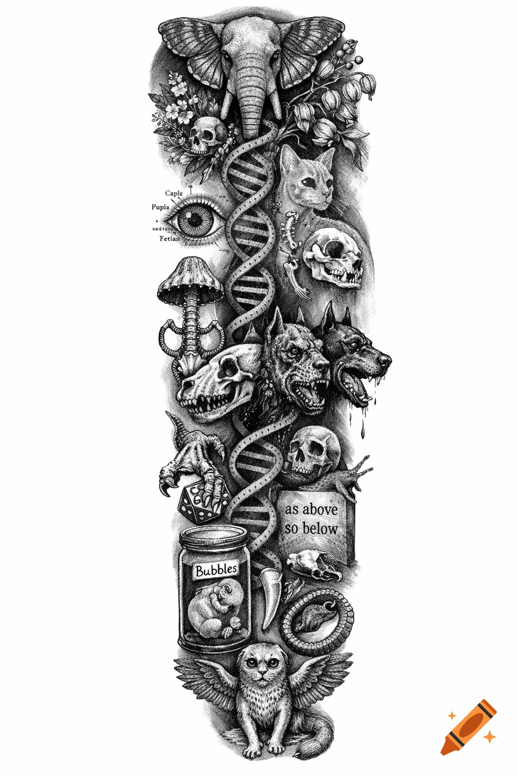 A detailed black and gray tattoo sleeve design featuring a DNA helix intertwined with various elements. It includes an elephant head, cat skull, medical eye diagram with labels, bone mushroom, three-headed dog, gravestone with "as above so below", a jar labeled "Bubbles" containing a fetus, and a winged owl-cat hybrid.