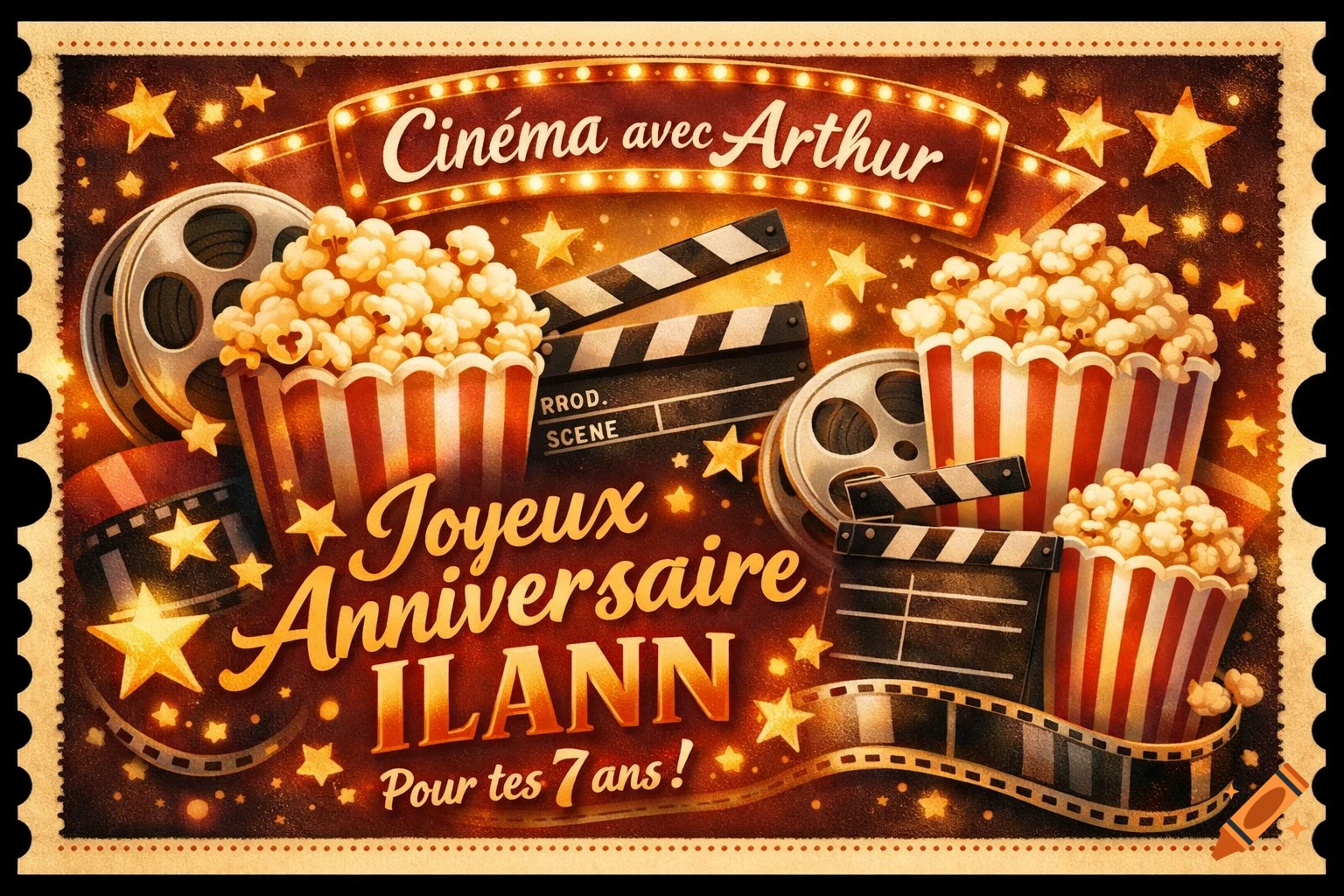 Vintage-style cinema-themed birthday card with popcorn, film reels, clapperboards, and stars. Text: 'Cinéma avec Arthur', 'Joyeux Anniversaire Ilann', 'Pour tes 7 ans!'