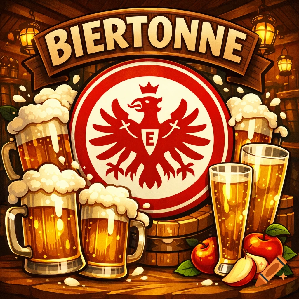 Cartoon style image featuring the Eintracht Frankfurt logo, beer mugs, glasses of apfelwein, and a sign reading BIERTONNE in a rustic bar setting.