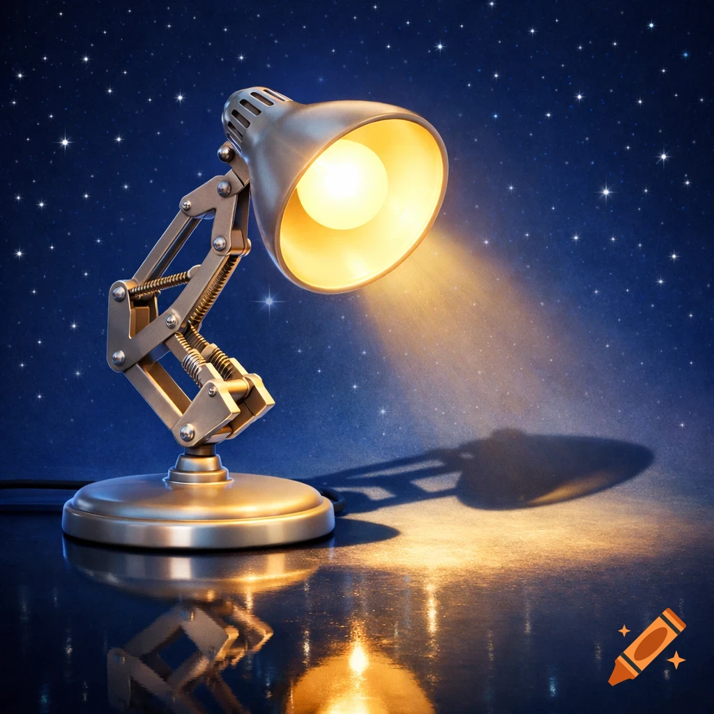 A metallic desk lamp with an illuminated bulb casts light onto a reflective surface against a starry blue background.