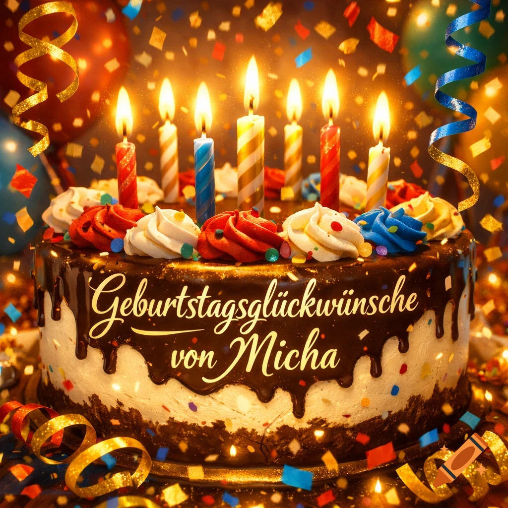 A close-up of a birthday cake with lit candles, colorful frosting, and 'Geburtstagsglückwünsche von Micha' written on it, surrounded by falling confetti and balloons.