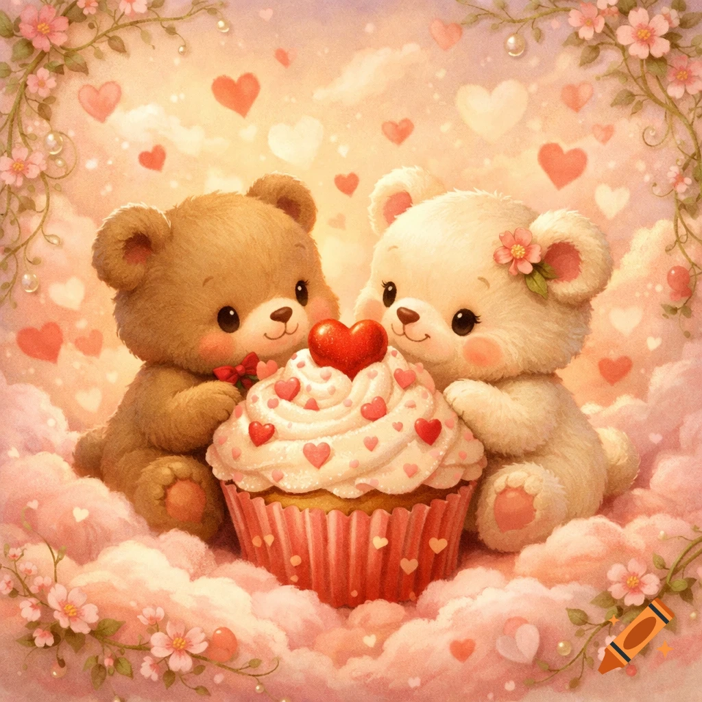 Two cute teddy bears with a heart-topped cupcake in pink clouds, surrounded by hearts and flowers, in a sweet illustration.