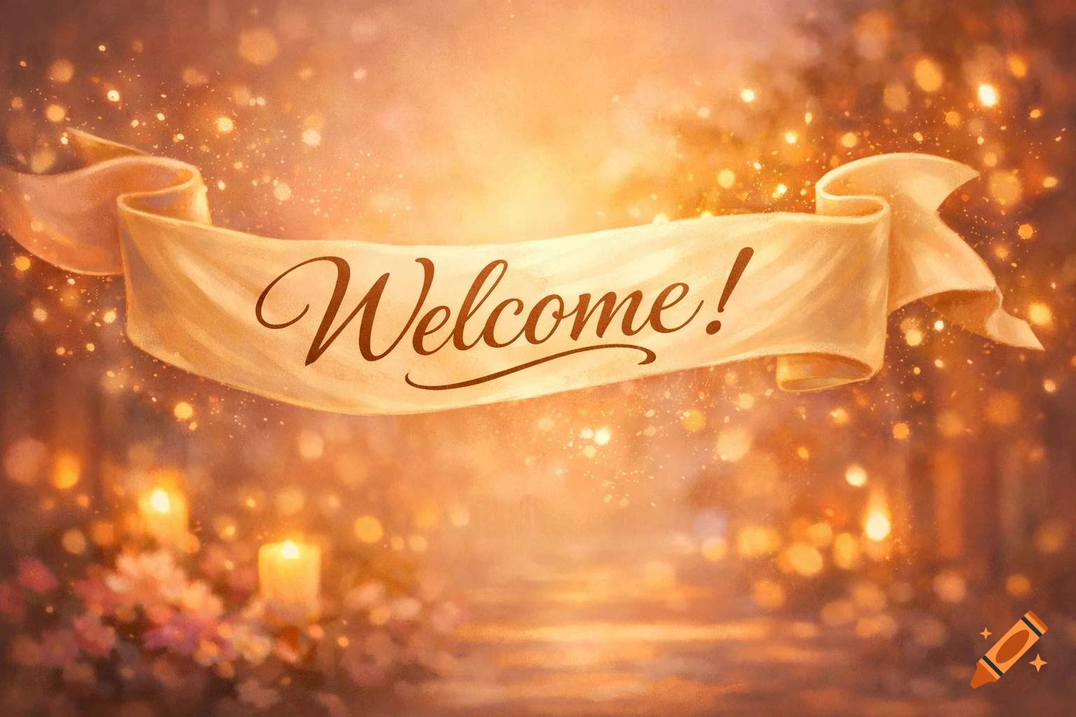 A warm, golden-hued image with a banner reading 'Welcome!' set against a soft, glowing bokeh background with candles and flowers.