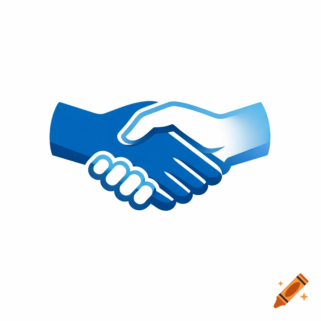 A stylized blue and white handshake logo on a clear white background.