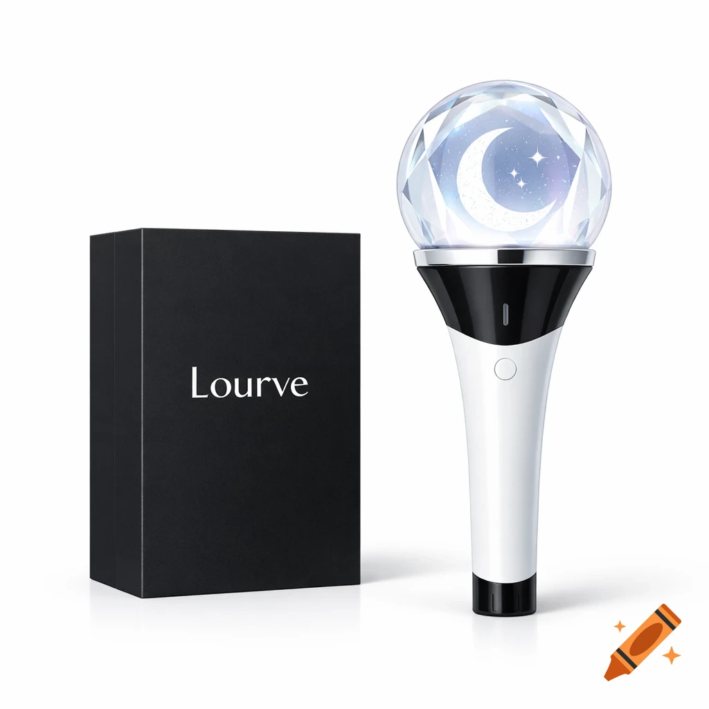 A white and black modern kpop lightstick with a faceted crystal sphere top displaying a crescent moon and stars, next to a black box labeled "Lourve".