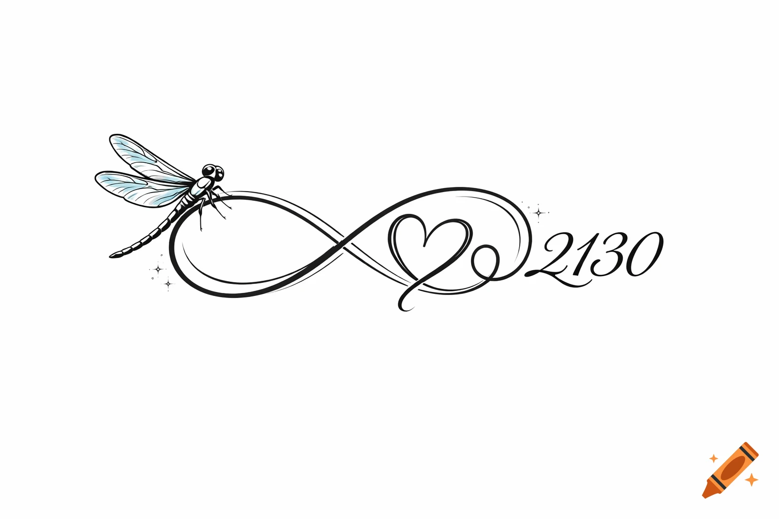 Minimalist line art tattoo design featuring a dragonfly on an infinity symbol, integrated with a heart and the numbers 2130.