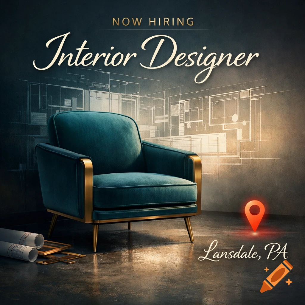 A job ad for an Interior Designer featuring a teal armchair, blueprints, and a location pin for Lansdale, PA on a dark background.
