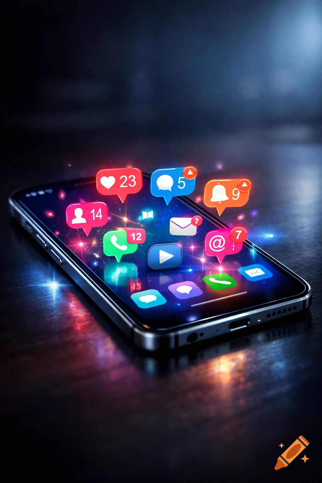 Photorealistic smartphone displaying numerous vibrant social media notification icons, like heart, message, bell, and profile on a dark, reflective surface.