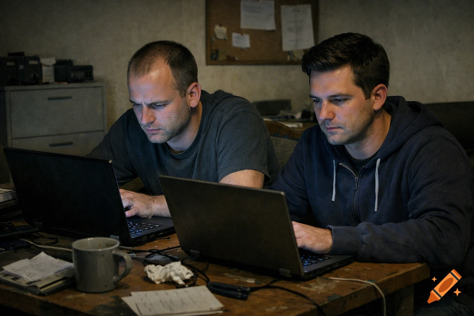 Two serious men working on laptops in a dimly lit, cluttered room, photorealistic.