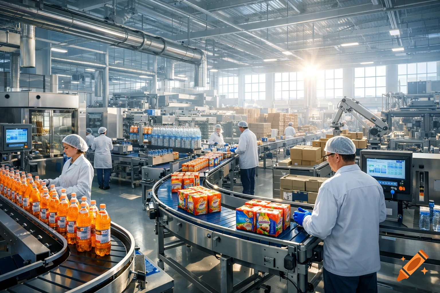 Workers in a brightly lit food production facility with conveyor belts carrying bottled beverages and packaged goods.