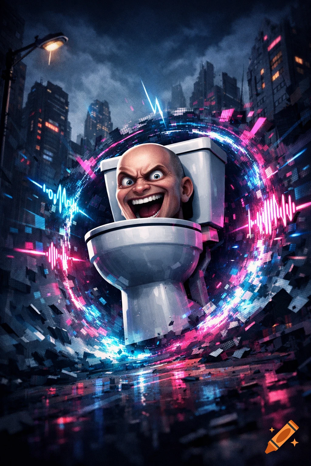 A maniacally grinning bald head emerges from a toilet, surrounded by glowing neon sound waves in a dark cyberpunk city.