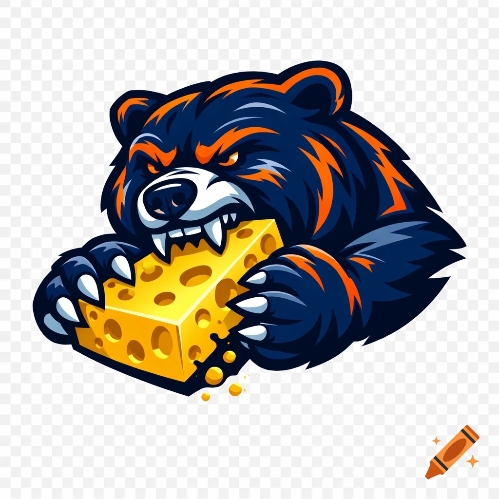 Fierce navy and orange bear mascot with sharp claws and teeth biting into a bright yellow block of cheese, vector sports logo style.