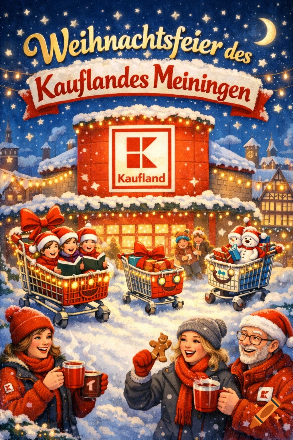 A festive Christmas illustration outside a snowy Kaufland store, with people, children in shopping carts, and glowing lights.