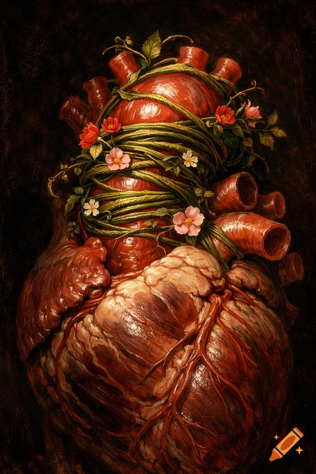 A detailed illustration of a human heart, with its upper vessels wrapped in green vines and small red, pink, and white flowers, set against a dark background.