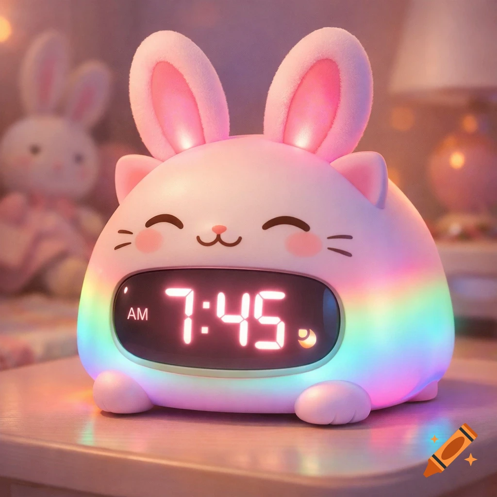 A cute pink alarm clock with bunny ears and a cat face, displaying 7:45 AM with a rainbow glow. A blurred bunny plush is in the background.