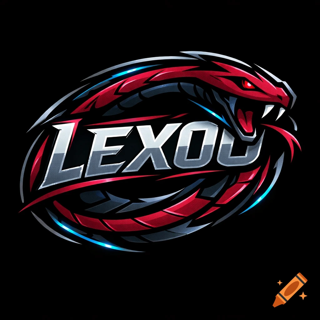 An e-sport logo featuring a red and black stylized snake with glowing blue accents wrapped around the metallic silver word 'LEXOU' on a black background.