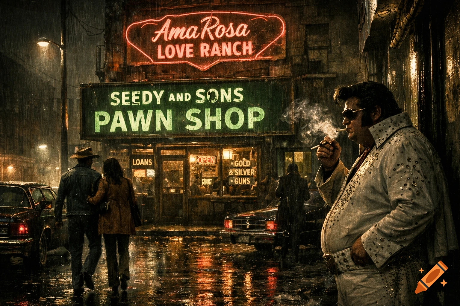 Gritty film noir street scene in 1970s rain. An overweight Elvis impersonator smokes. A couple walks past 'Seedy and Sons Pawn Shop' and 'AmaRosa Love Ranch' signs.