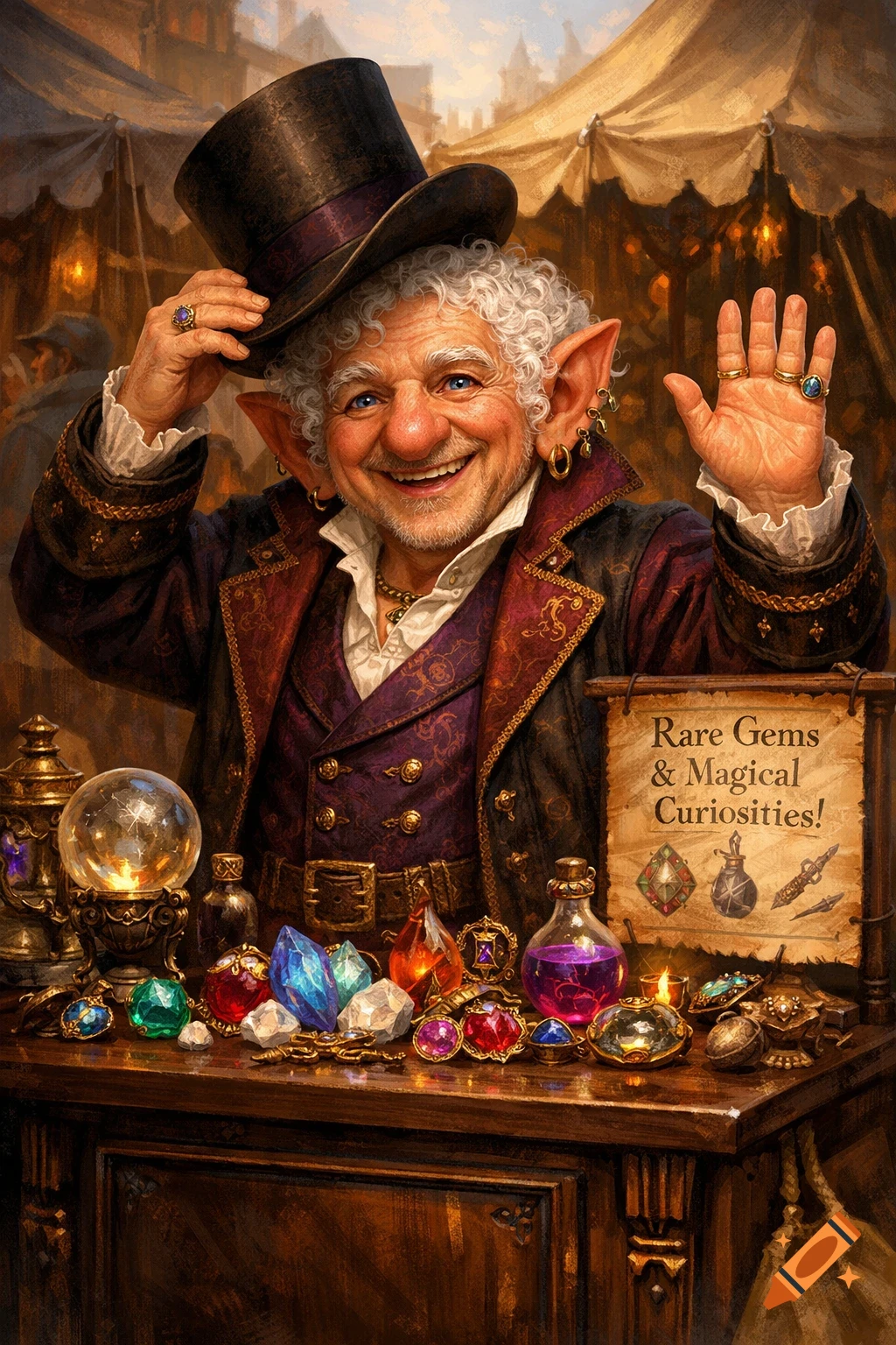 A cheerful elderly gnome merchant in a top hat waves from behind a stall filled with glittering gems and magical curiosities in a fantasy marketplace.