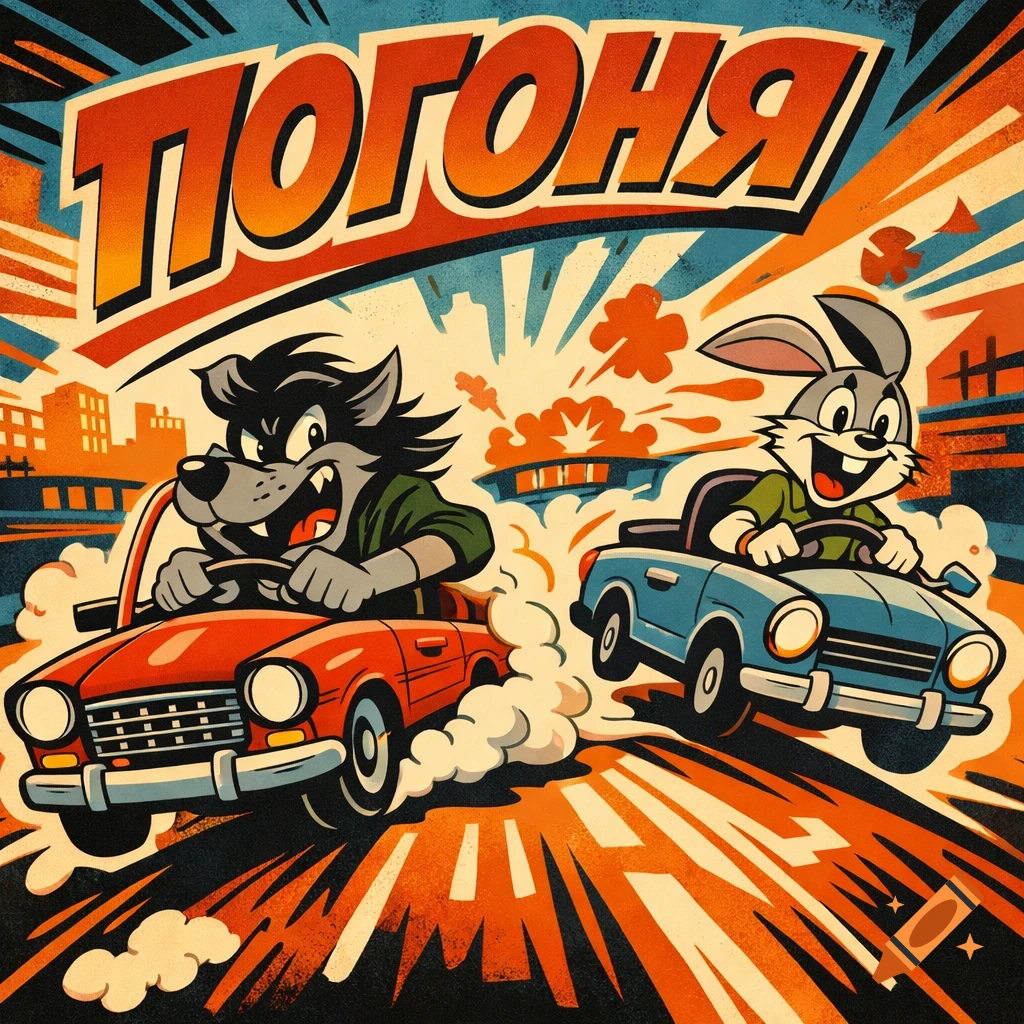 A vibrant retro cartoon shows a wolf in a red car chasing a rabbit in a blue car, with the word "ПОГОНЯ" (Chase) at the top.