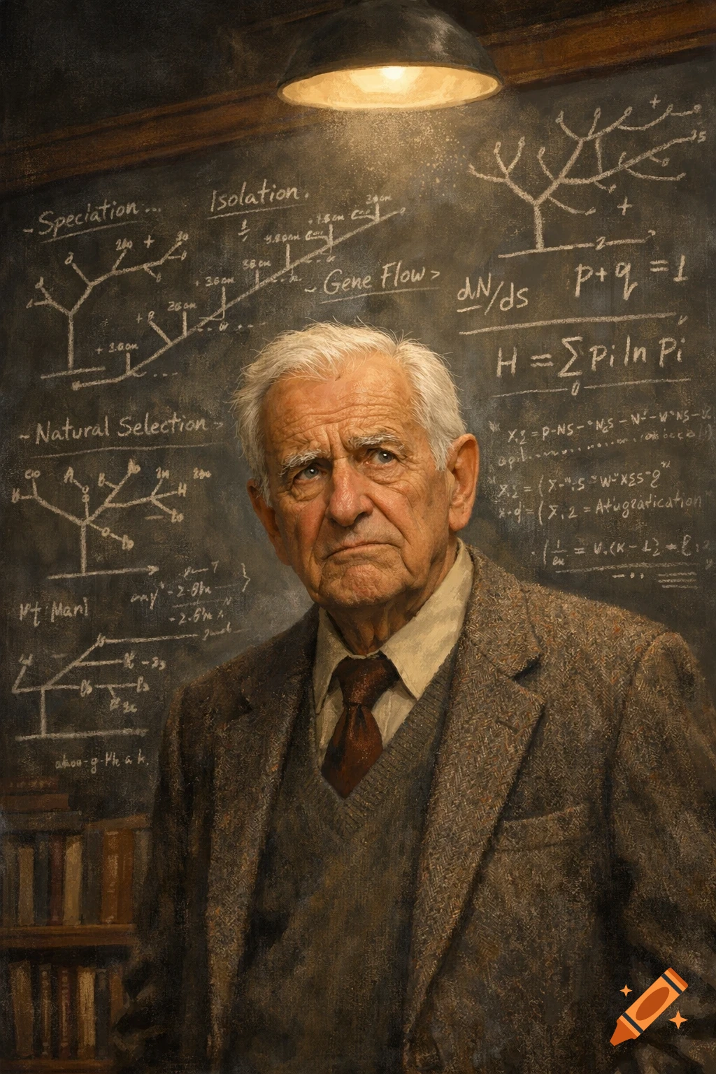 An elderly man with white hair and a tweed jacket stands thoughtfully in front of a chalk-filled blackboard displaying scientific equations.