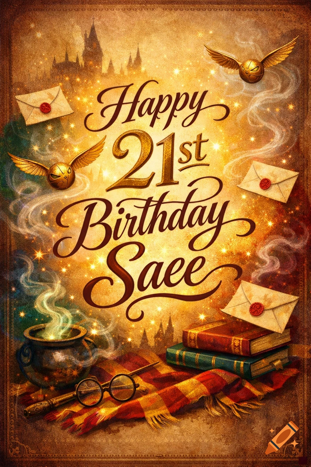 Harry Potter-themed birthday card says 'Happy 21st Birthday Saee' with Hogwarts, golden snitches, a cauldron, books, and a wand.