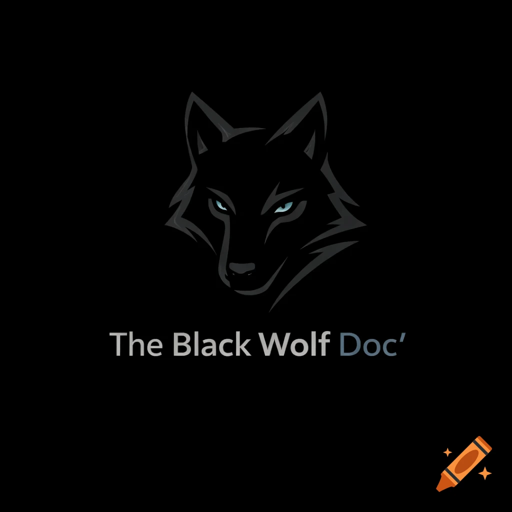 A minimalist black wolf head logo with glowing blue eyes, and the text "The Black Wolf Doc'" below it on a black background.