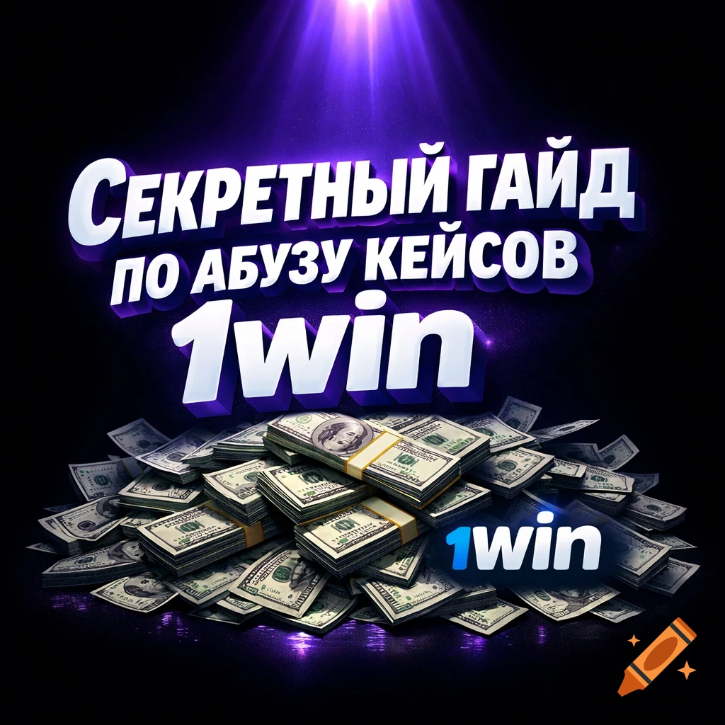 3D white text 'Секретный гайд по абузу кейсов 1win' above a large pile of dollar bills with '1win' logo, under purple light.