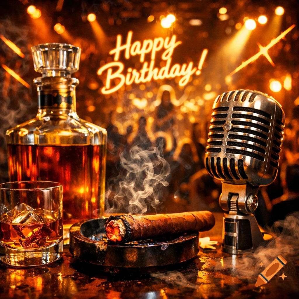 A dramatic shot of whiskey, a lit cigar in an ashtray, and a vintage microphone. A neon 'Happy Birthday!' sign glows above a blurred concert crowd.
