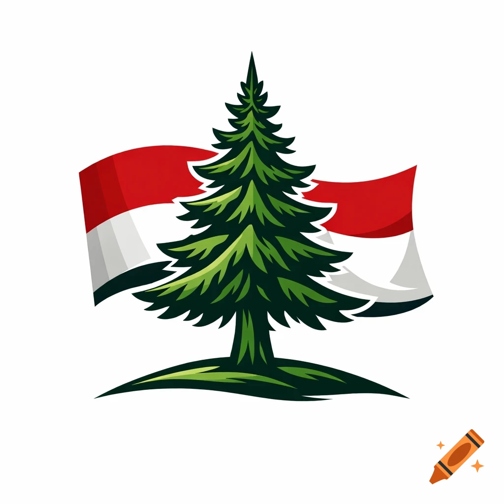 A stylized green pine tree emblem with a red and white flag waving behind it, on a white background.