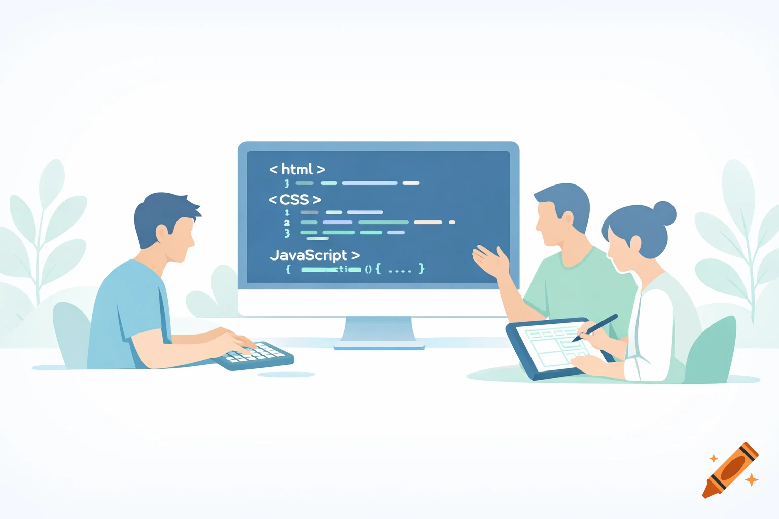 Minimalist illustration of three people collaborating on web development: one coding on a computer, one designing on a tablet.