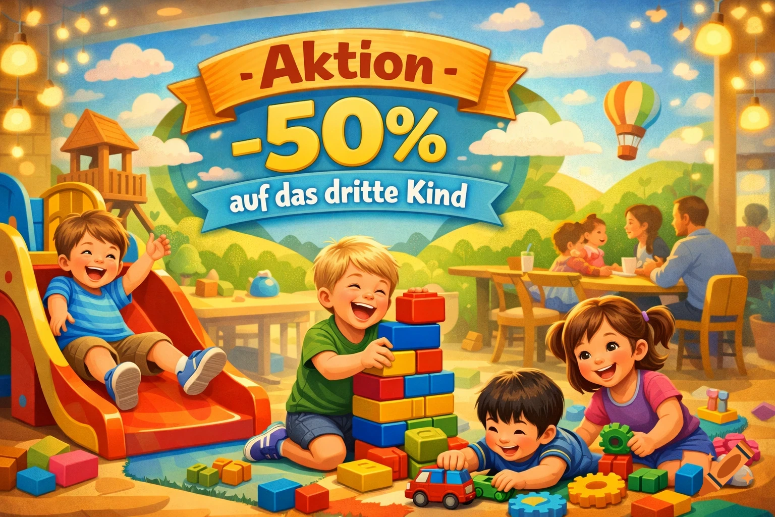 Animated children playing with blocks and toys in a colorful parent-child cafe, with a banner offering 'Aktion -50% auf das dritte Kind'.