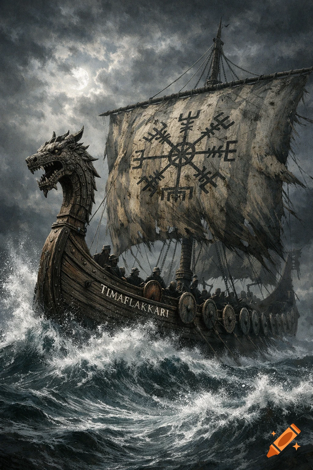 Dramatic illustration of a Viking longship with a dragon figurehead and warriors sailing on a stormy sea under a cloudy sky.