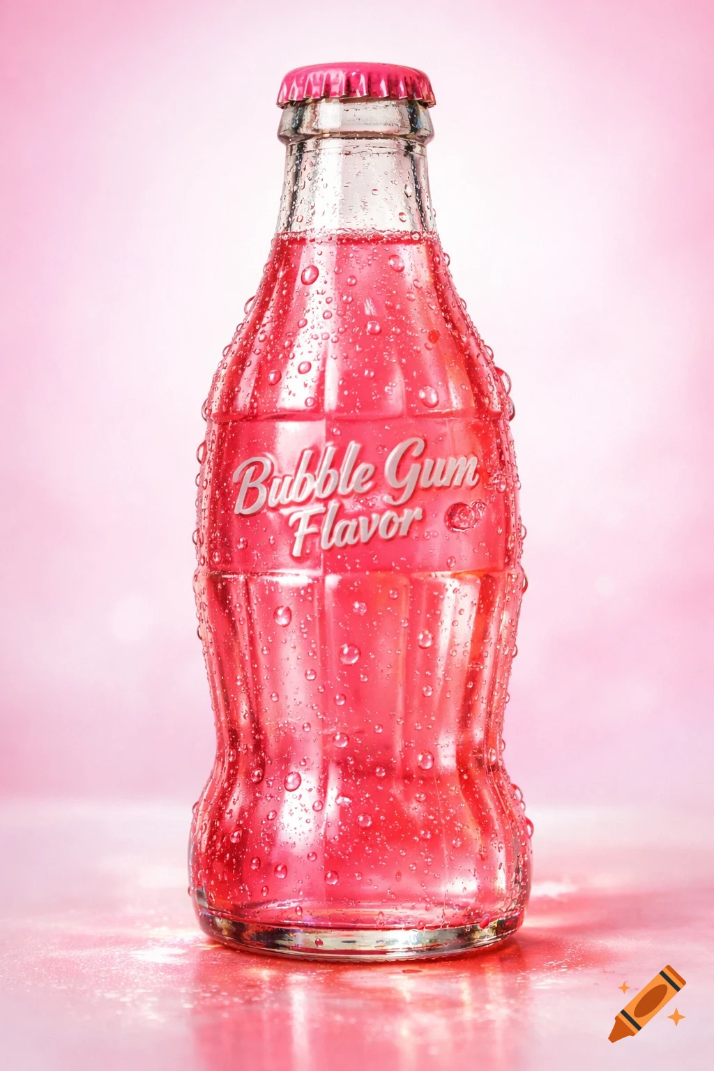 Chilled glass bottle of pink Bubble Gum Flavor soda with condensation on a pink background, photorealistic.