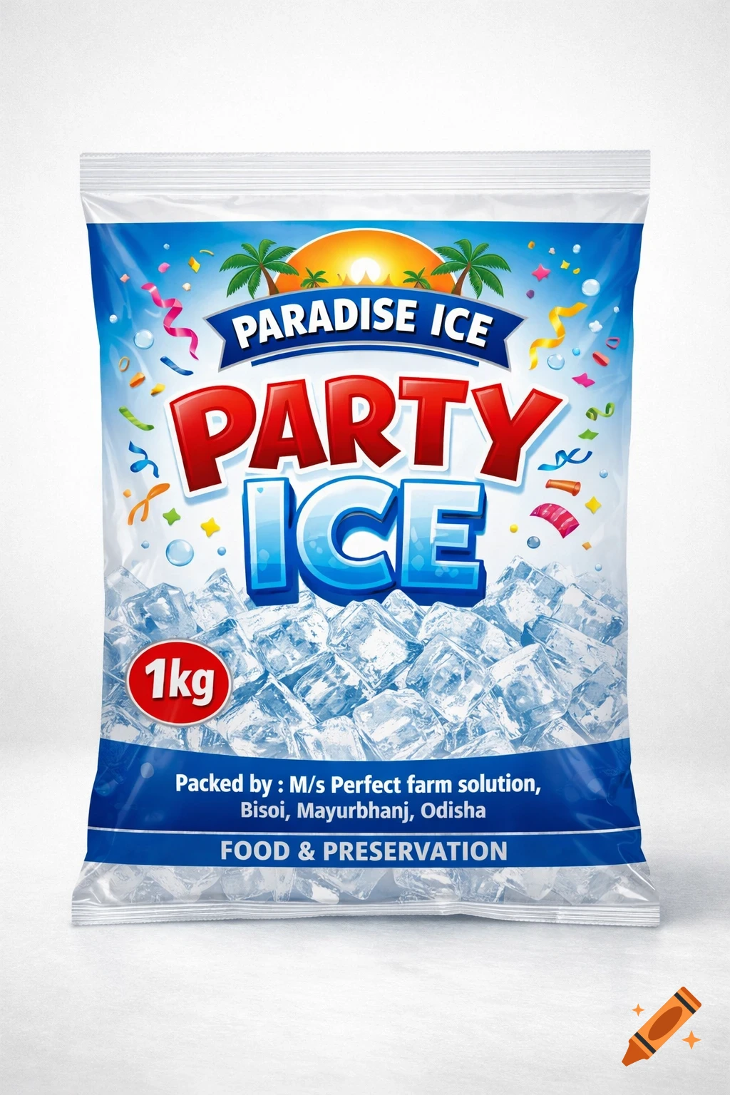 A blue and white bag of Paradise Ice Party Ice, 1kg, filled with ice cubes, with palm trees and a sunset graphic.