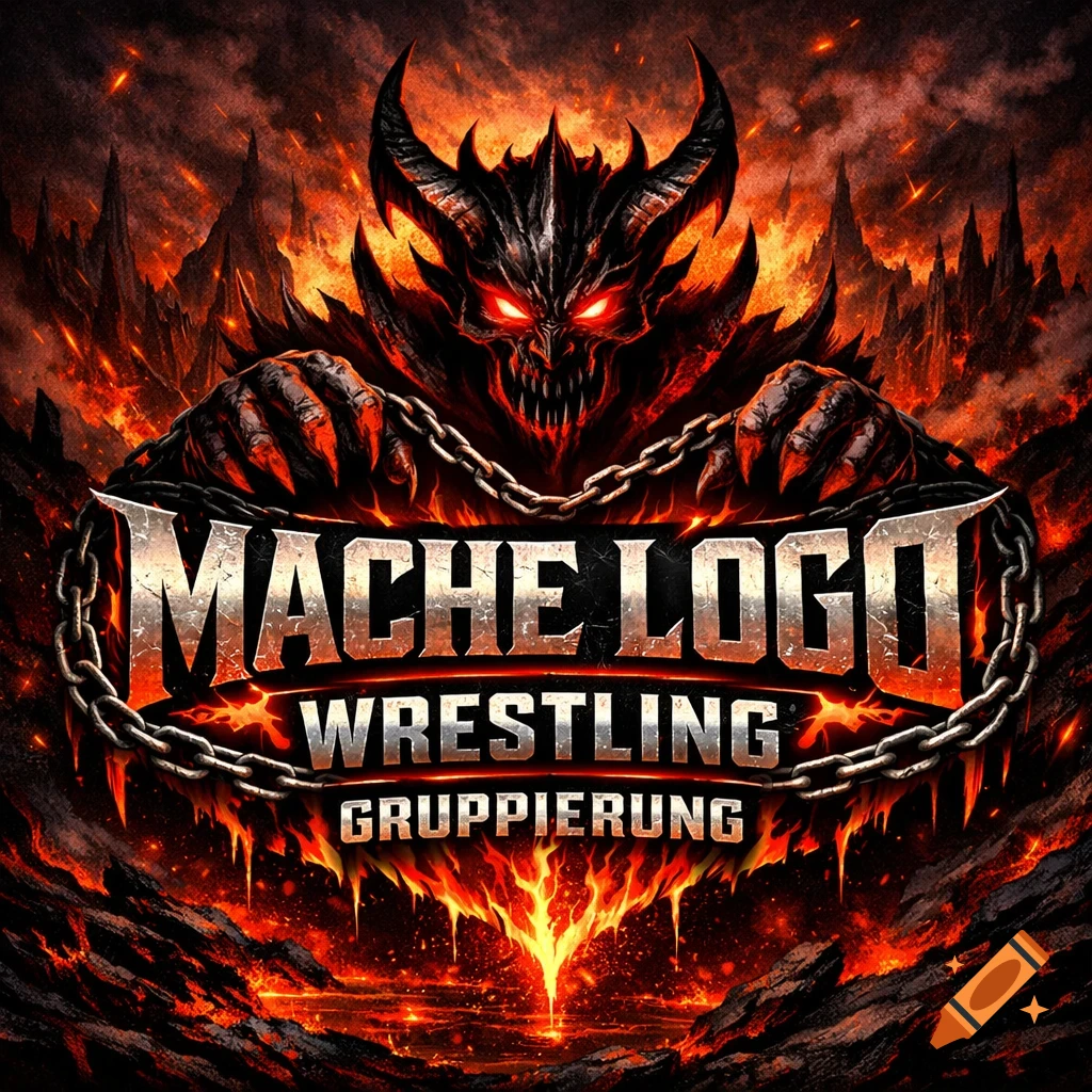 A stylized, heavy metal-inspired logo featuring a horned demon with glowing red eyes and chains, set against a fiery, volcanic landscape, with text 'MACHE LOGO WRESTLING GRUPPIERUNG'.