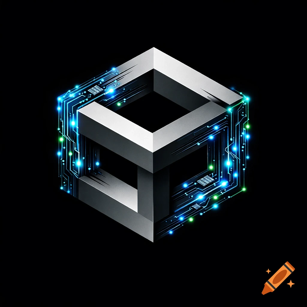 An impossible cube logo with glowing blue and green electronic circuits forming its edges, set against a black background.