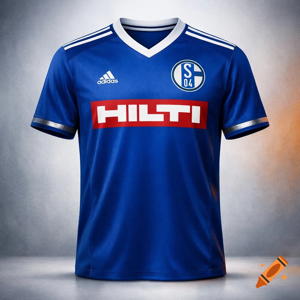Blue football jersey with white trim, featuring an Adidas logo, an "S 04" emblem, and a red "HILTI" sponsor logo on the chest.