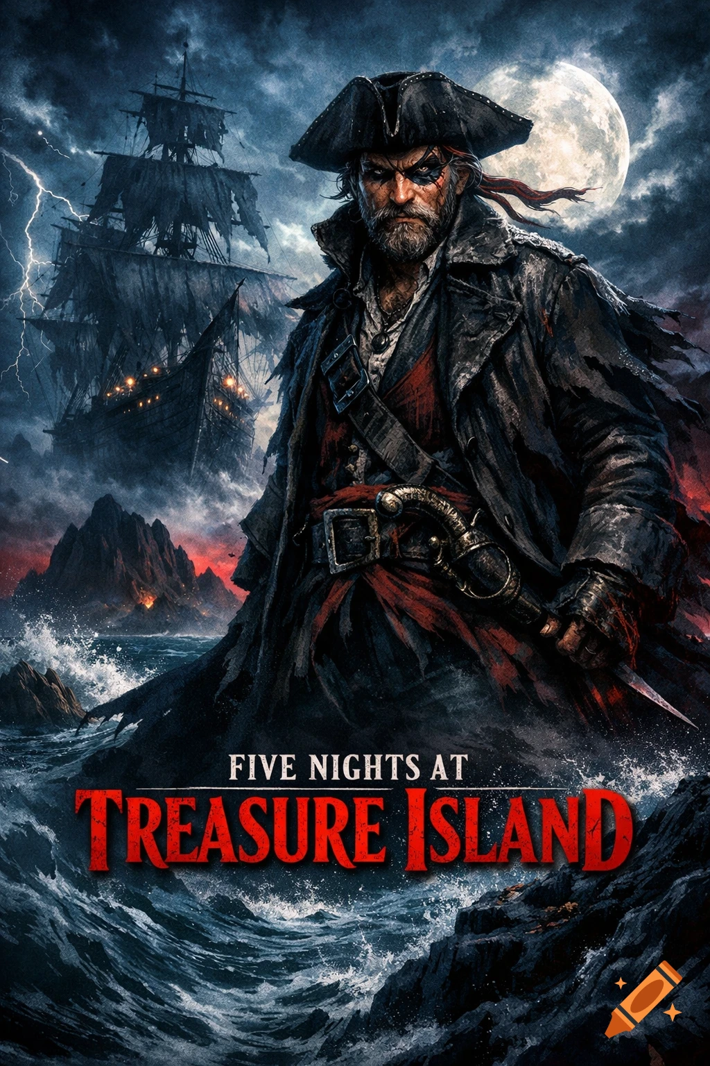 A dark fantasy movie poster featuring a stern pirate, a ghostly ship, and stormy seas under a full moon, with the title 'FIVE NIGHTS AT TREASURE ISLAND'.