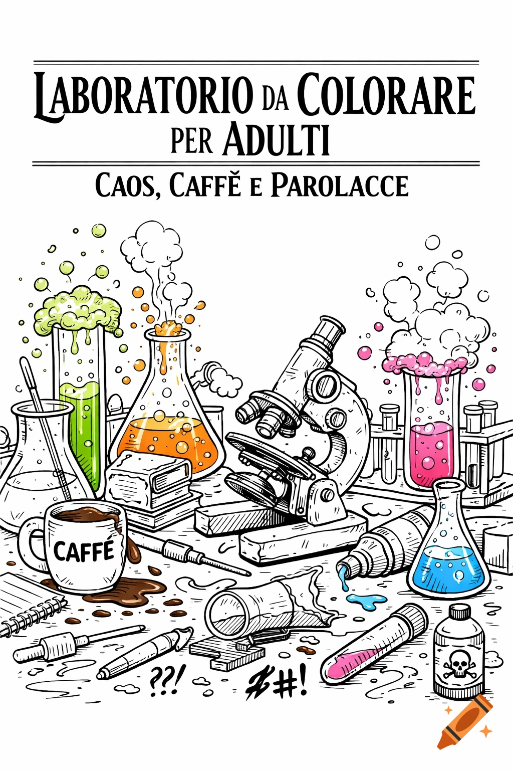 Humorous coloring book illustration of a chaotic lab with bubbling beakers, a microscope, spilled coffee, and text.