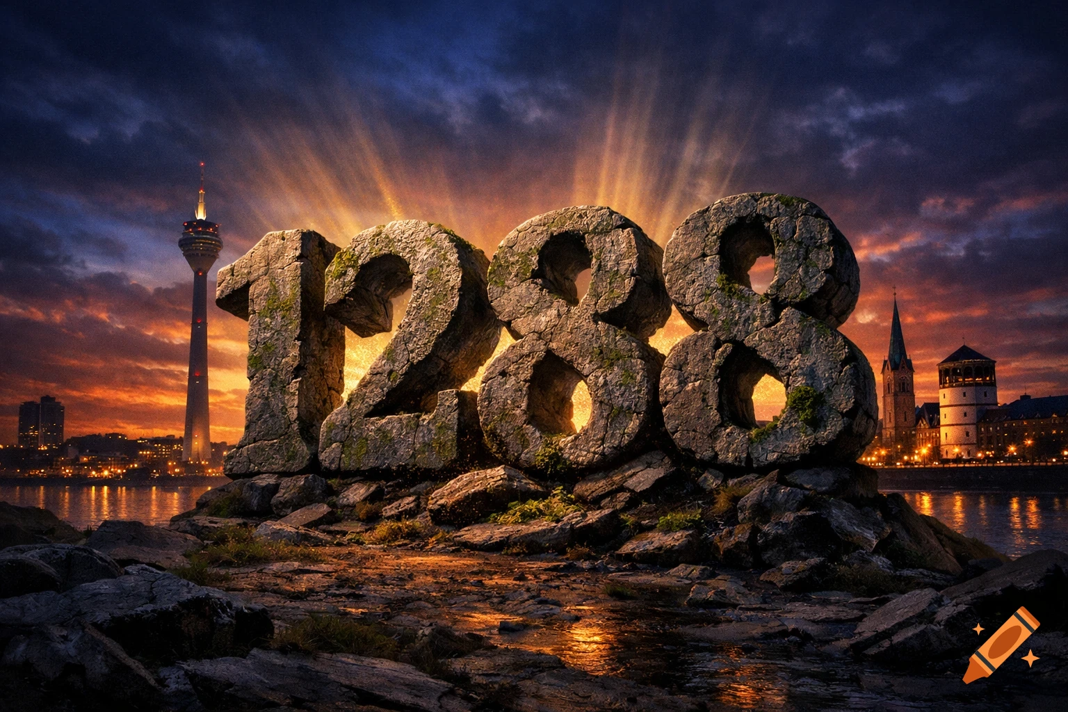 Stone numbers '1288' stand prominently on a rocky shore, illuminated by a glowing sunset over the Düsseldorf city skyline.