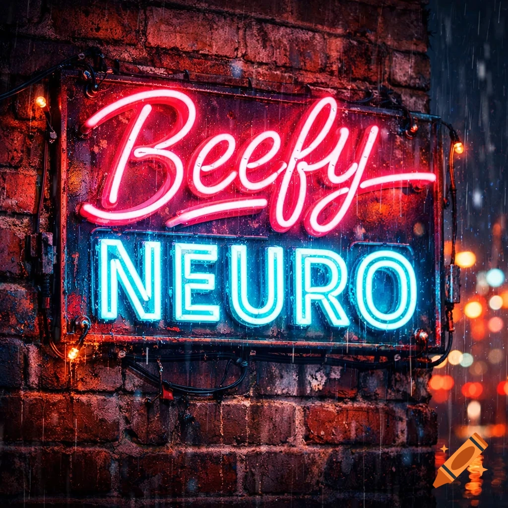 Photorealistic close-up of a red and blue neon sign 'Beefy Neuro' on a wet brick wall in the rain at night.