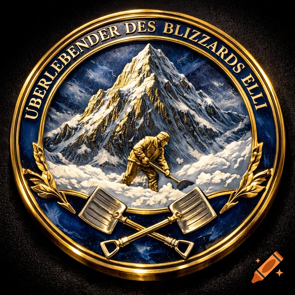 Detailed gold and blue medal with an embossed snow-covered mountain, a person shoveling, crossed shovels, and 'ÜBERLEBENDER DES BLIZZARDS ELLI' text.