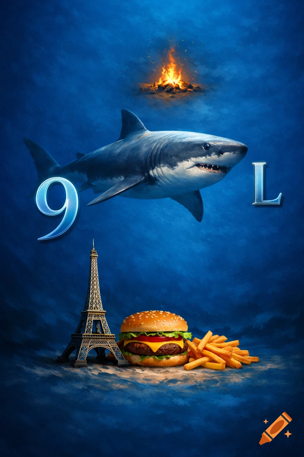 Surreal image of a shark, fire, '9', 'L', Eiffel Tower, burger, and fries in a deep blue, dreamlike environment.