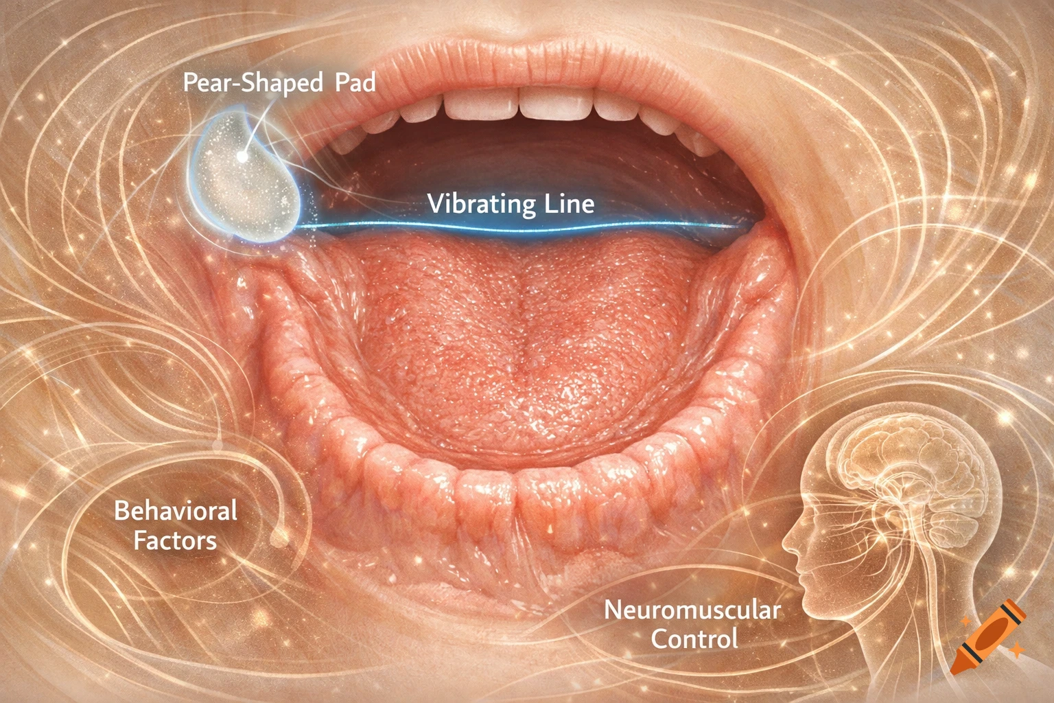 Scientific illustration of an open mouth and tongue with labels for 'Pear-Shaped Pad', 'Vibrating Line', 'Behavioral Factors', and 'Neuromuscular Control'.