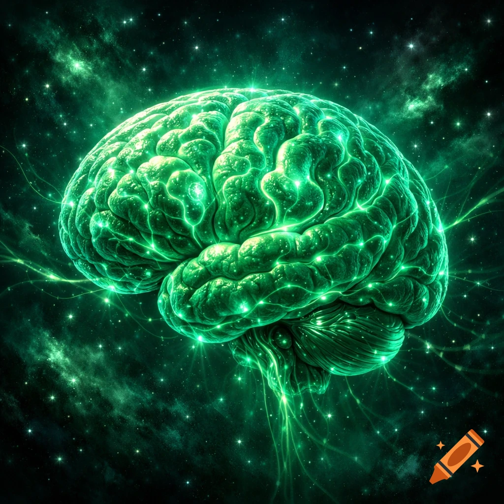 A glowing green brain surrounded by green cosmic dust and stars in a dark space.