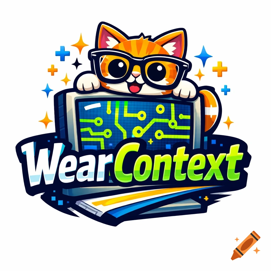 Nerdy cartoon orange cat in glasses with a computer monitor displaying circuit board and 'WearContext' text logo, surrounded by stars.