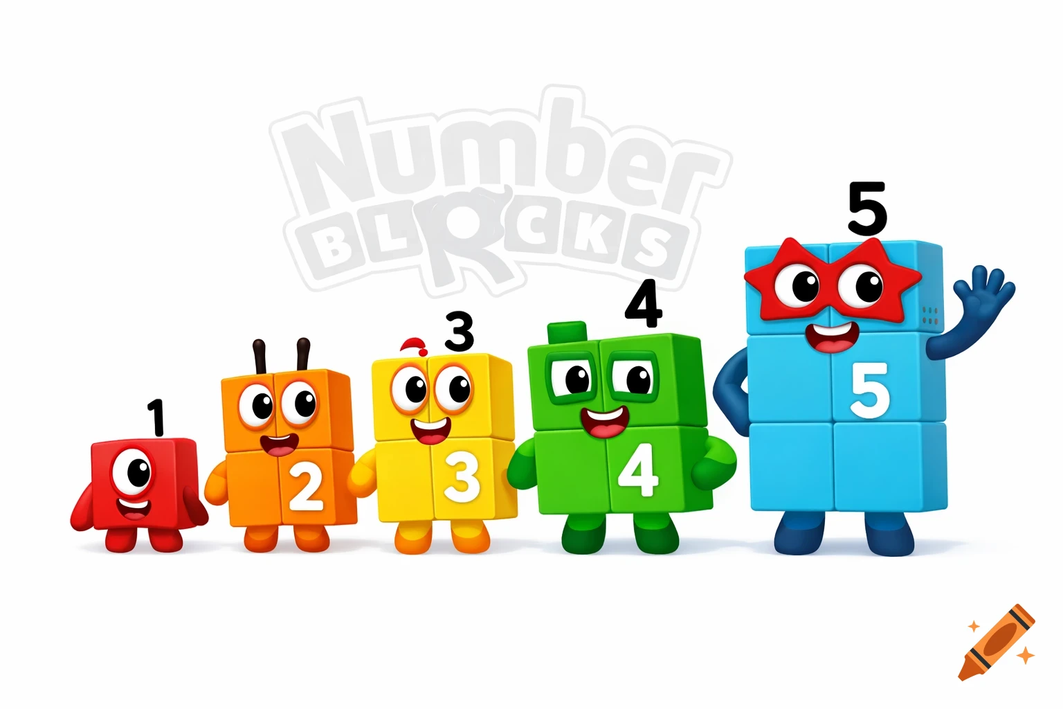 Five colorful cartoon Numberblocks characters: red 1, orange 2, yellow 3, green 4, and blue 5, with the Numberblocks logo.