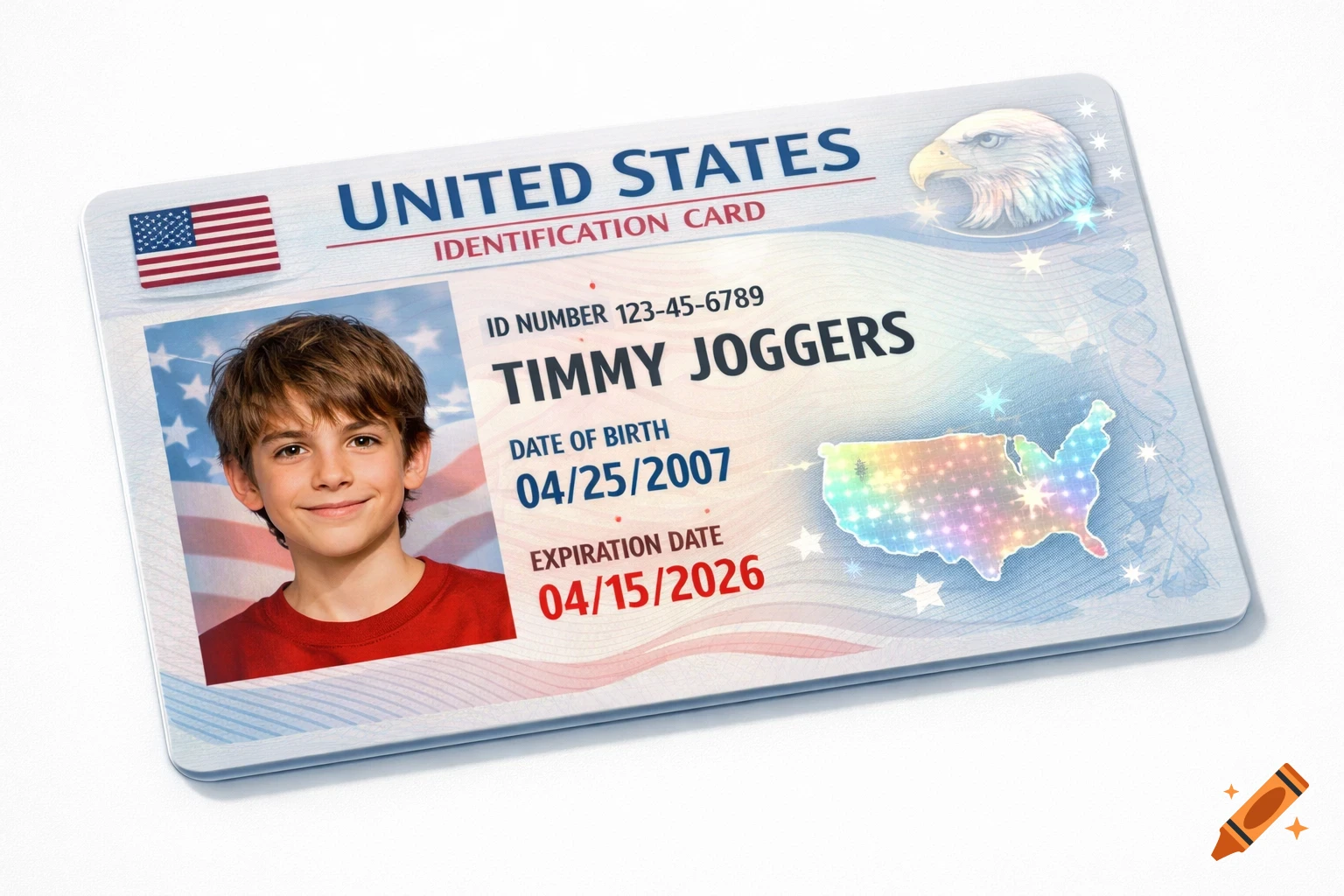 A photorealistic United States Identification Card for Timmy Joggers with a photo of a young boy, birth date, and expiration date.